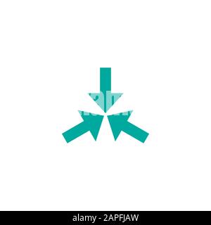 Three blue squared arrows point to the center. Triple Collide Arrows icon. Merge Directions icon. Vector illustration. Isolated on white. back and whi Stock Vector
