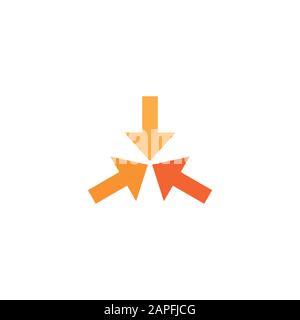 Three orange squared arrows point to the center. Triple Collide Arrows icon. Merge Directions icon. Vector illustration. Isolated on white. back and w Stock Vector