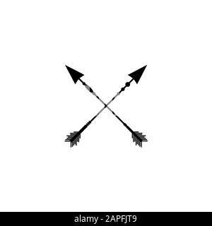 Two crossed black arrows isolated on white. Flat adventure icon. Good for web and software interfaces. Campin, hunting. Wild vacation. Stock Vector