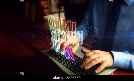 Man typing on laptop with industry 4.0 hologram screen over keyboard. Concept of innovation, cyber technology, business, automate factory and robotic Stock Photo