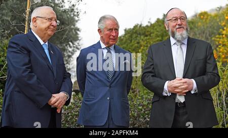 The Prince of Wales with Chief Rabbi Ephraim Mirvis (right) after a meeting with President Reuven Rivlin (left) at his official residence in Jerusalem on the first day of his visit to Israel and the occupied Palestinian territories. Stock Photo