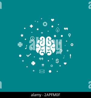 brain with question marks, hearts, stars, bubbles and signs on blue background. Intellect, thinking process, knowledge icon. flat vector illustration. Stock Vector