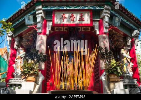 HongKong, China - November, 2019: Incense sticks in buddhist temple, Wong Tai Sin Temple,  in Hong Kong Stock Photo