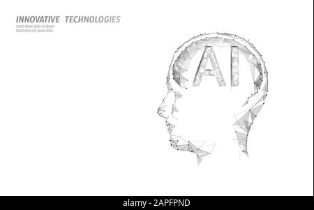 AI artificial intelligence robot support 3D. Virtual assistant voice recognition service technology. Chatbot human brain profile low poly vector Stock Vector