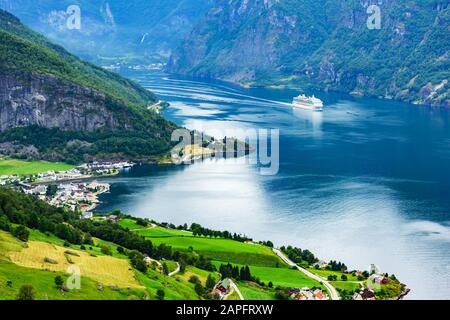 Breathtaking view of Sunnylvsfjorden fjord and cruise ship, near Geiranger village in western Norway. Landscape photography Stock Photo