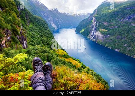 Breathtaking view of Sunnylvsfjorden fjord and famous Seven Sisters waterfalls, near Geiranger village in western Norway. Landscape photography Stock Photo