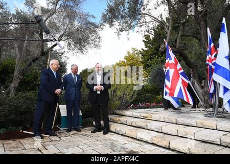 The Prince of Wales with Chief Rabbi Ephraim Mirvis (right) after a meeting with President Reuven Rivlin (left) at his official residence in Jerusalem on the first day of his visit to Israel and the occupied Palestinian territories. Stock Photo
