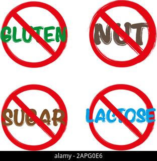 Set of Allergen free Badges. Lactose, Gluten, Sugar and Nut free. Vector hand drawn Signs. Can be used for packaging Design Stock Vector