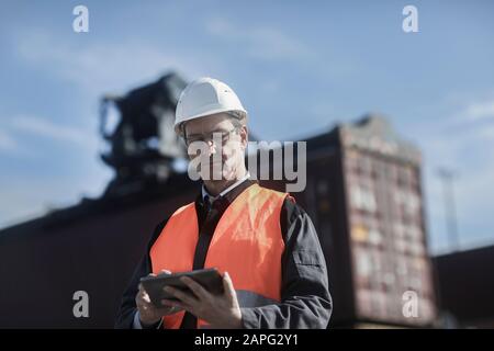 Engineer using digital tablet at port Stock Photo