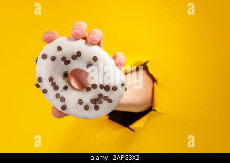 Hand holding a white donut with chocolate chips Stock Photo