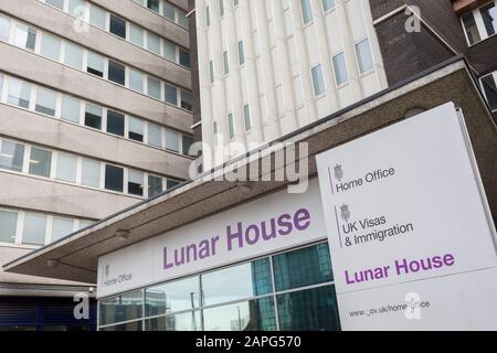 An exterior of Lunar House, the headquarters of 'UK Visas and Immigration', a division of the Home Office on Wellesley Road, Croydon, on 20th January 2020, in Croydon, London, England. Lunar House was completed in 1970, inspired by the landing of Apollo 11 on the Moon in 1969. Stock Photo