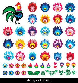 Polish folk art Wycinanki Lowickie vector design elements - flower, rooster, leaves. Perfect for textile patterns or greeting cards Stock Vector