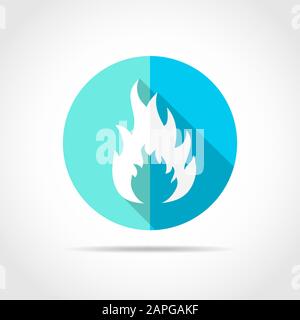White fire sign in flat design with long shadow. Vector illustration. Simple flame icon on blue round button. Stock Vector