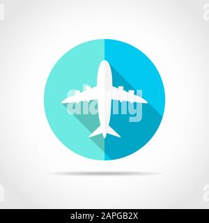 White aircraft in flat design with long shadow. Vector illustration. Simple aircraft icon on blue round button. Stock Vector
