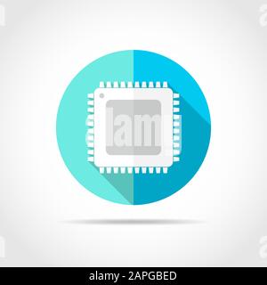 White chip in flat design with long shadow. Vector illustration. Simple chip icon on blue round button. Stock Vector