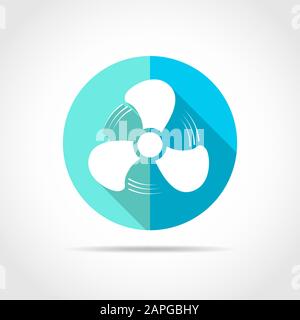 White fan in flat design with long shadow. Vector illustration. Simple fan icon on blue round button. Stock Vector