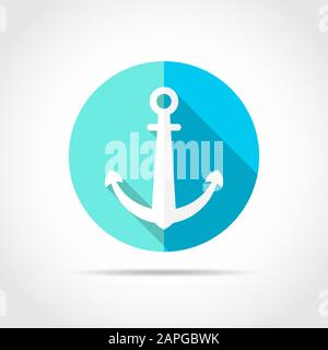 White anchor icon in flat design with long shadow. Vector illustration. Anchor icon on the blue round button. Stock Vector
