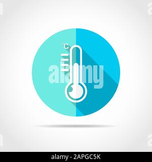 White thermometer in flat design with long shadow. Vector illustration. Simple thermometer icon on blue round button. Stock Vector