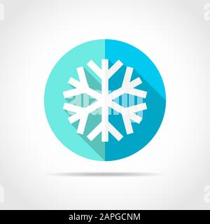 White snowflake in flat design with long shadow. Vector illustration. Simple snowflake icon on blue round button. Stock Vector