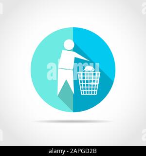 White Trash and man sign in flat design with long shadow. Vector illustration. Simple recycling icon on blue round button. Stock Vector