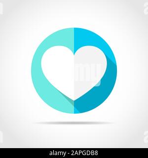 White heart in flat design with long shadow. Vector illustration. Simple heart icon on a blue circle. Stock Vector