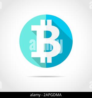 White bitcoin sign in flat design with long shadow. Vector illustration. Simple bitcoin icon on blue round button. Stock Vector