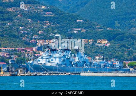 Italy, Liguria - Italy Navy Ship in Port of La Spezia. Stock Photo