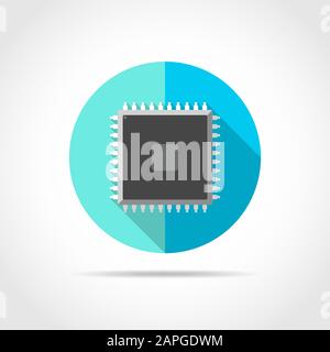 Black chip in flat design with long shadow. Vector illustration. Simple chip icon on blue round button. Stock Vector