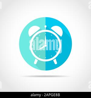 White alarm clock icon in flat design with long shadow. Vector illustration. Alarm clock icon on the blue round button. Stock Vector