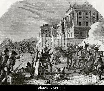 Spain. Madrid. Uprising of May 2, 1808. Murat ordered Don Antonio, president of the Junta, to move to Bayonne with Infante Don Francisco de Paula. The citizens flocked to the Palace Square to prevent the march of the Infante. A French battalion cleared the square causing several casualties. Illustration by Vierge, engraving. Cronica General de España, Historia Ilustrada y Descriptiva de sus Provincias. Castilla-La Nueva, 1869. Stock Photo