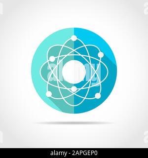 White atom in flat design with long shadow. Vector illustration. Simple atom icon on blue round button. Stock Vector