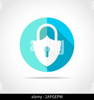 White lock sign in flat design with long shadow. Vector illustration. Simple lock icon on blue round button. Stock Vector