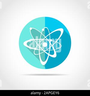 White atom in flat design with long shadow. Vector illustration. Simple atom icon on blue round button. Stock Vector