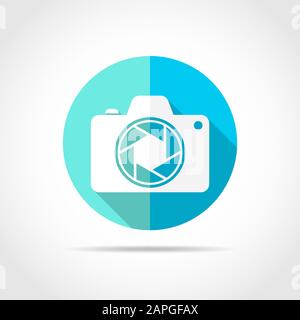 White photo camera in flat design with long shadow. Vector illustration. Simple photo camera icon on blue round button. Stock Vector