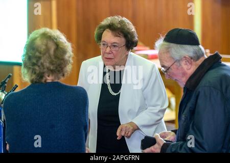 Brentwood Essex, UK. 23rd Jan, 2020. A public meeting commemorating the 75th anniversary of the liveration of Auschwitz-Birkenau with spekaer Susie Barnett BEM a Holocaust survivor, held at Brentwood United Reformed Church Brentwood Essex Credit: Ian Davidson/Alamy Live News Stock Photo