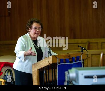 Brentwood Essex, UK. 23rd Jan, 2020. A public meeting commemorating the 75th anniversary of the liveration of Auschwitz-Birkenau with spekaer Susie Barnett BEM a Holocaust survivor, held at Brentwood United Reformed Church Brentwood Essex Pictured Susie Barnett BEM Credit: Ian Davidson/Alamy Live News Stock Photo