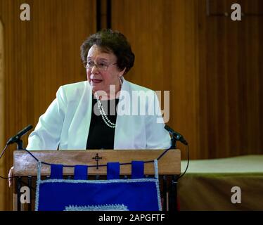 Brentwood Essex, UK. 23rd Jan, 2020. A public meeting commemorating the 75th anniversary of the liveration of Auschwitz-Birkenau with speaker Susie Barnett BEM a Holocaust survivor, held at Brentwood United Reformed Church Brentwood Essex Pictured, Susie Barnett BEM Credit: Ian Davidson/Alamy Live News Stock Photo