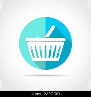 White shopping basket in flat design with long shadow. Vector illustration. Shopping basket icon on blue round button. Stock Vector