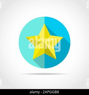 Yellow star in flat design with long shadow. Vector illustration. Simple star icon on blue round button. Stock Vector
