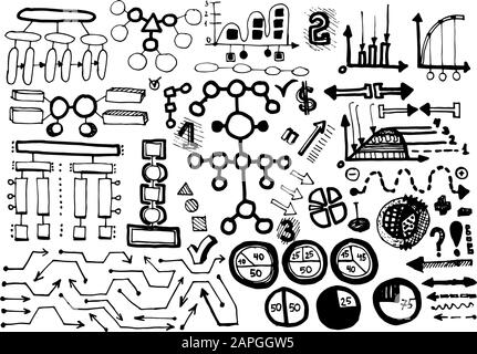 Big vector set with doodle style diagrams isolated on white background.Drawn by hand.Graphs, round charts,diagrams, arrows are drawn with lines in a c Stock Vector