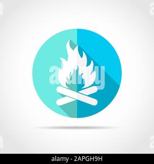 White bonfire icon in flat design with long shadow. Vector illustration. Simple bonfire icon on blue round button. Stock Vector