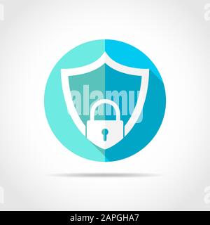 White shield in flat design with long shadow. Simple shield icon on a blue circle. Vector illustration. Stock Vector