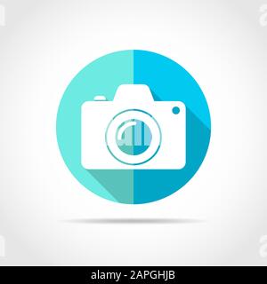 White photo camera in flat design with long shadow. Vector illustration. Simple photo camera icon on blue round button. Stock Vector