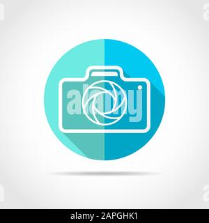 White photo camera in flat design with long shadow. Vector illustration. Simple photo camera icon on blue round button. Stock Vector
