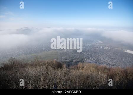 23 January 2020, Baden-Wuerttemberg, Neuffen: Fog lies over the village of Neuffen. Photo: Marijan Murat/dpa Stock Photo