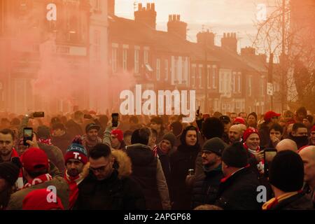 Liverpool supporters give the team coach a fantastic reception as they arrive for the Premier League match against Manchester  United  at Anfield. Stock Photo