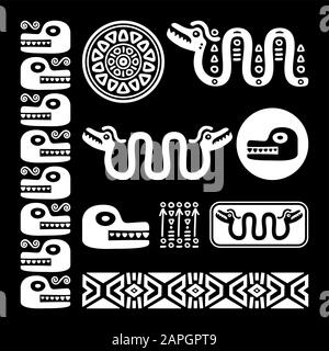 Aztec animals, Mayan snake, ancient Mexican vector design set in white on black background Stock Vector