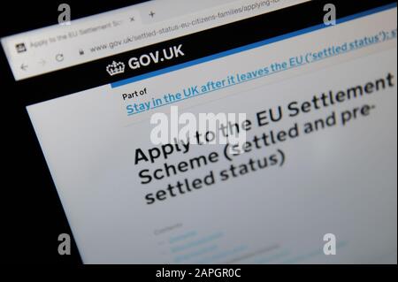 Advice on Applying to the EU Settlement Scheme seen through a magnifying glass on the UK government website Stock Photo