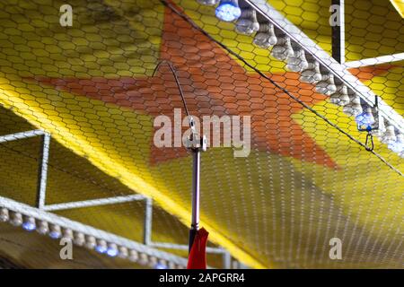 Close up view of ceiling of bumper card thrill ride on fun fair. Stock Photo