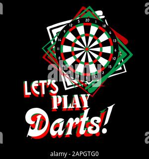 Darts poster in vintage style on black background. red, green and white colors Stock Vector